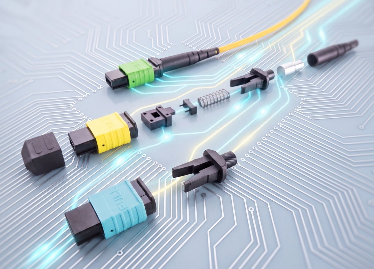Coloured MPO and LC fibre-optic connectors and their disassembled parts on a circuit pattern — BASF Ultrason® application example